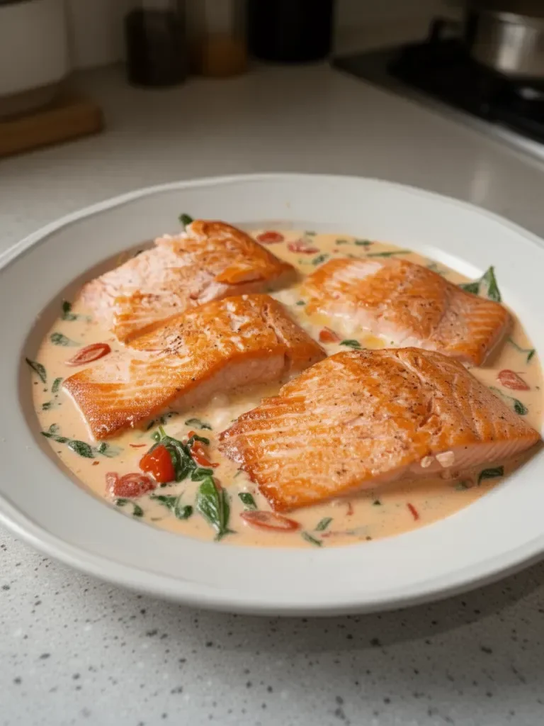 Salmón con Salsa de Crema de Tomate y Albahaca