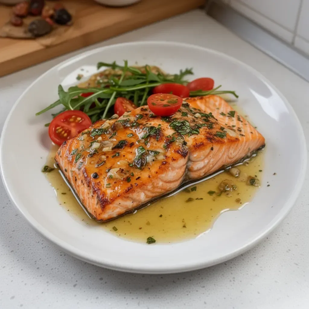 Plato de Salmón Mediterráneo con verduras frescas y hierbas.