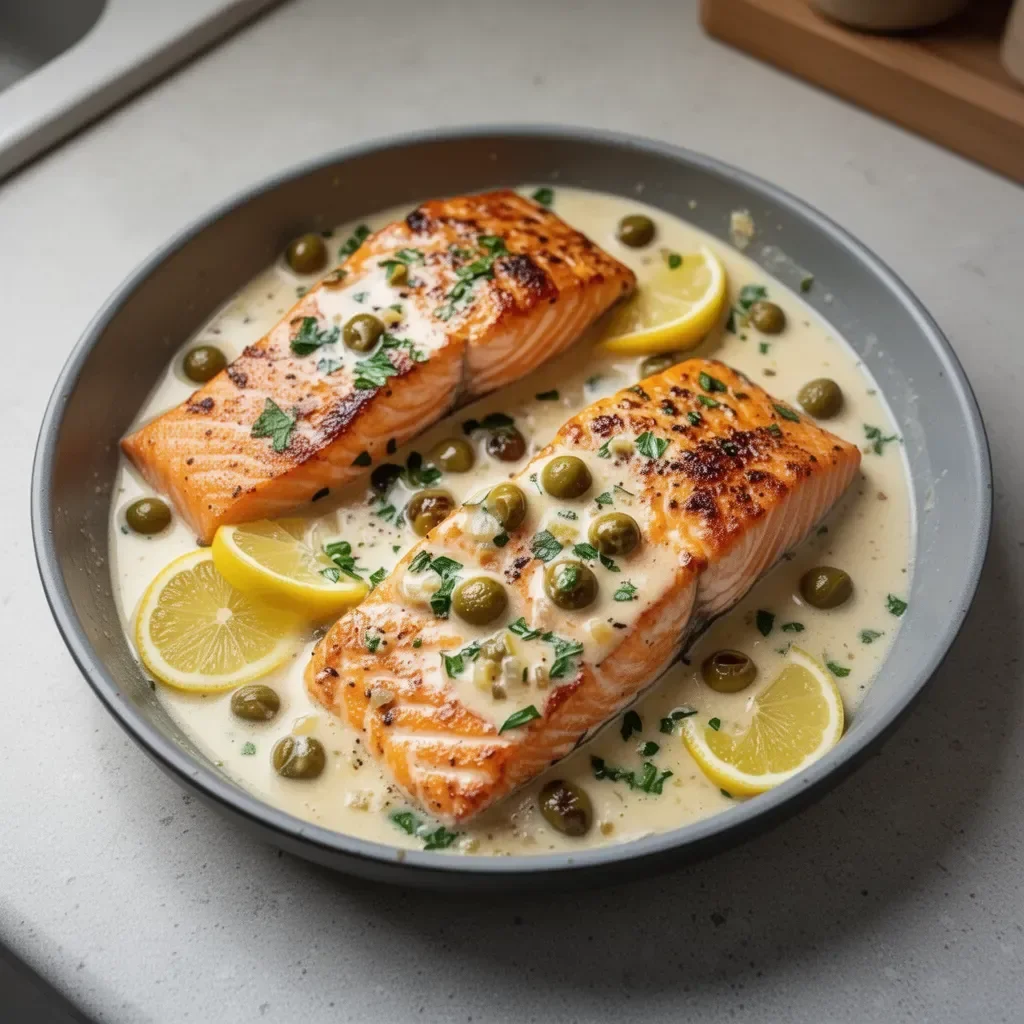 Salmón Piccata Cremoso con Limón y Alcaparras servido en un plato