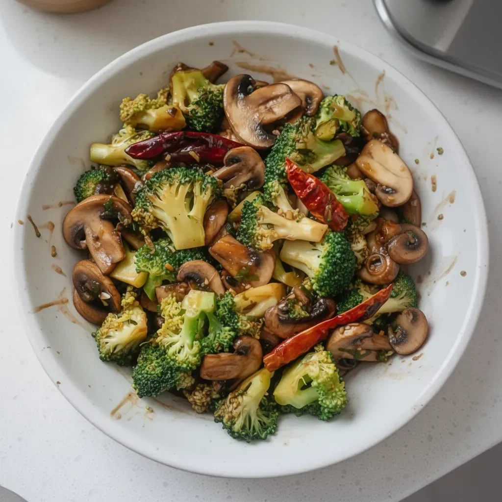 Salteado de brócoli y champiñones en un plato, colorido y saludable