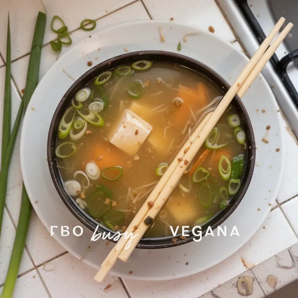 Tazón de sopa miso vegana con verduras frescas y tofu.