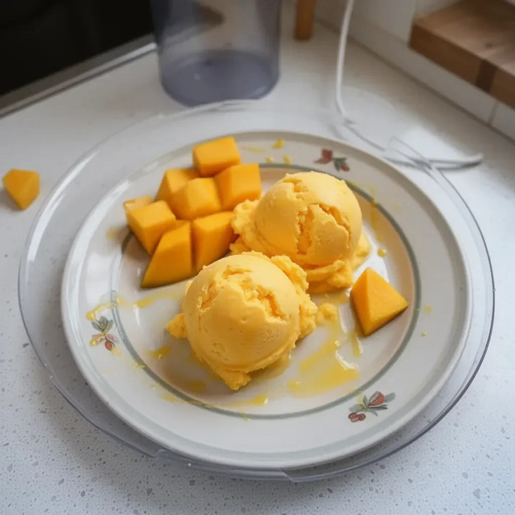 Sorbete de mango cremoso preparado en Ninja Creami