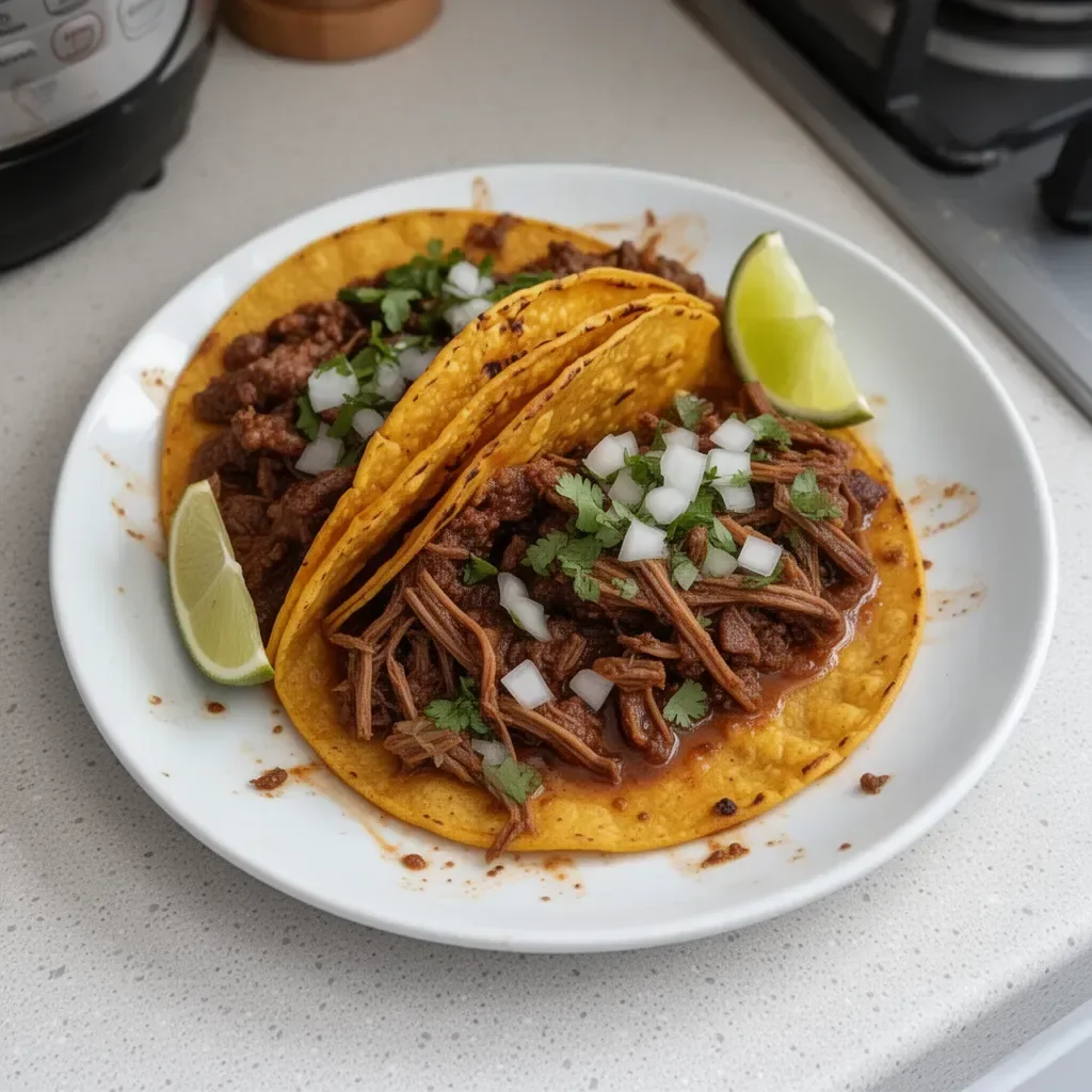 Tacos de birria auténticos servidos con salsa y cebolla.