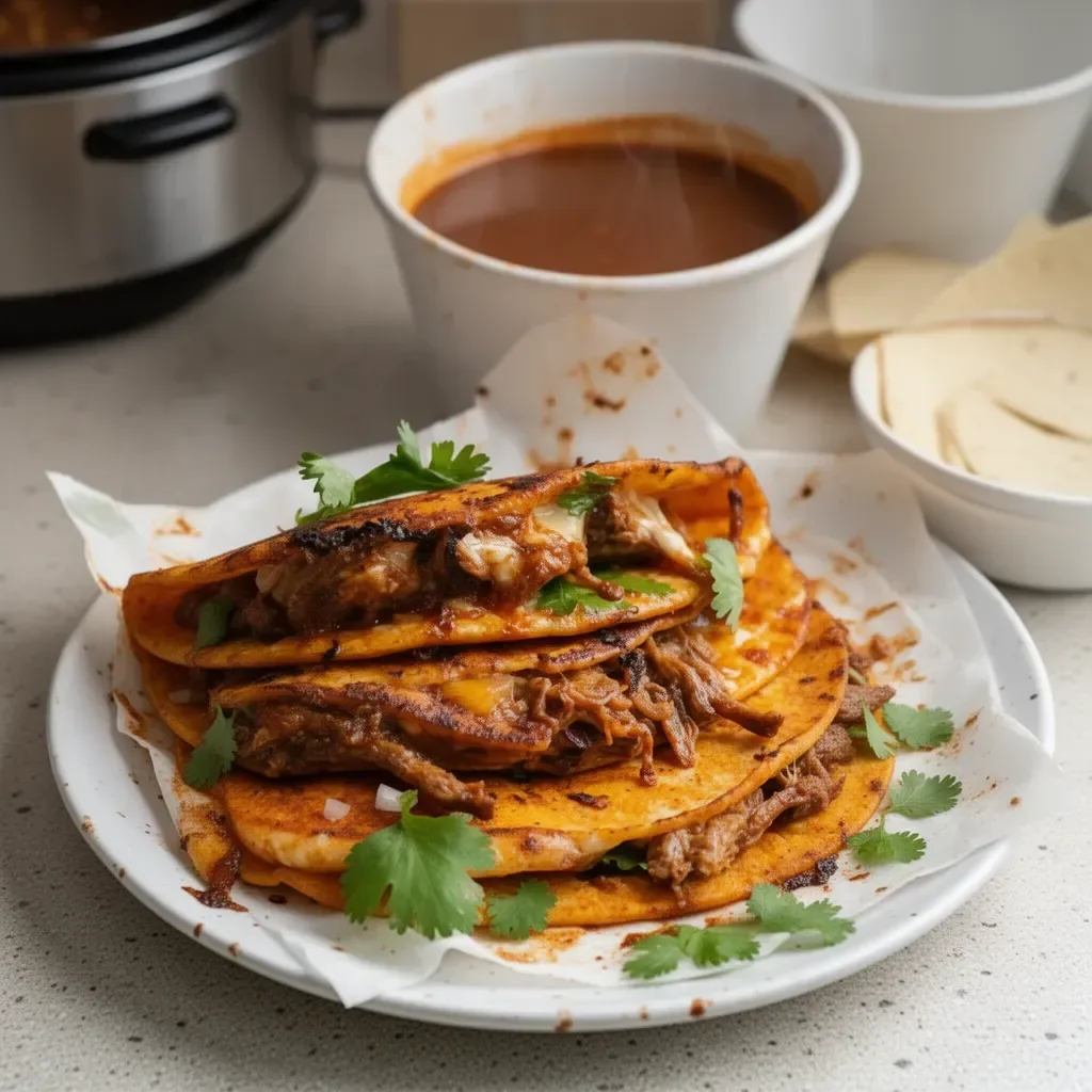 Deliciosos tacos de birria preparados en olla de cocción lenta