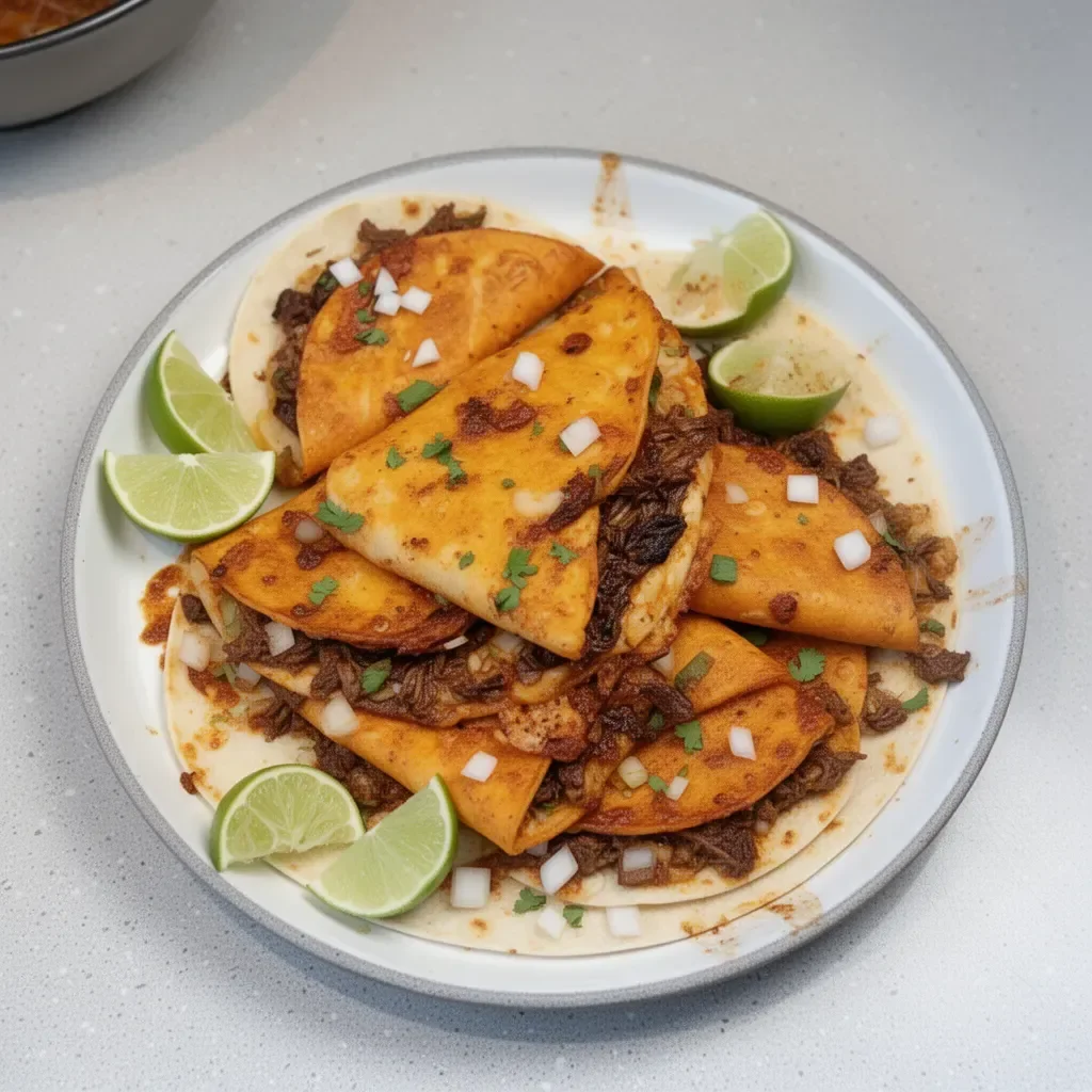 Tacos de Birria con queso, salsa y cebolla en un plato colorido.