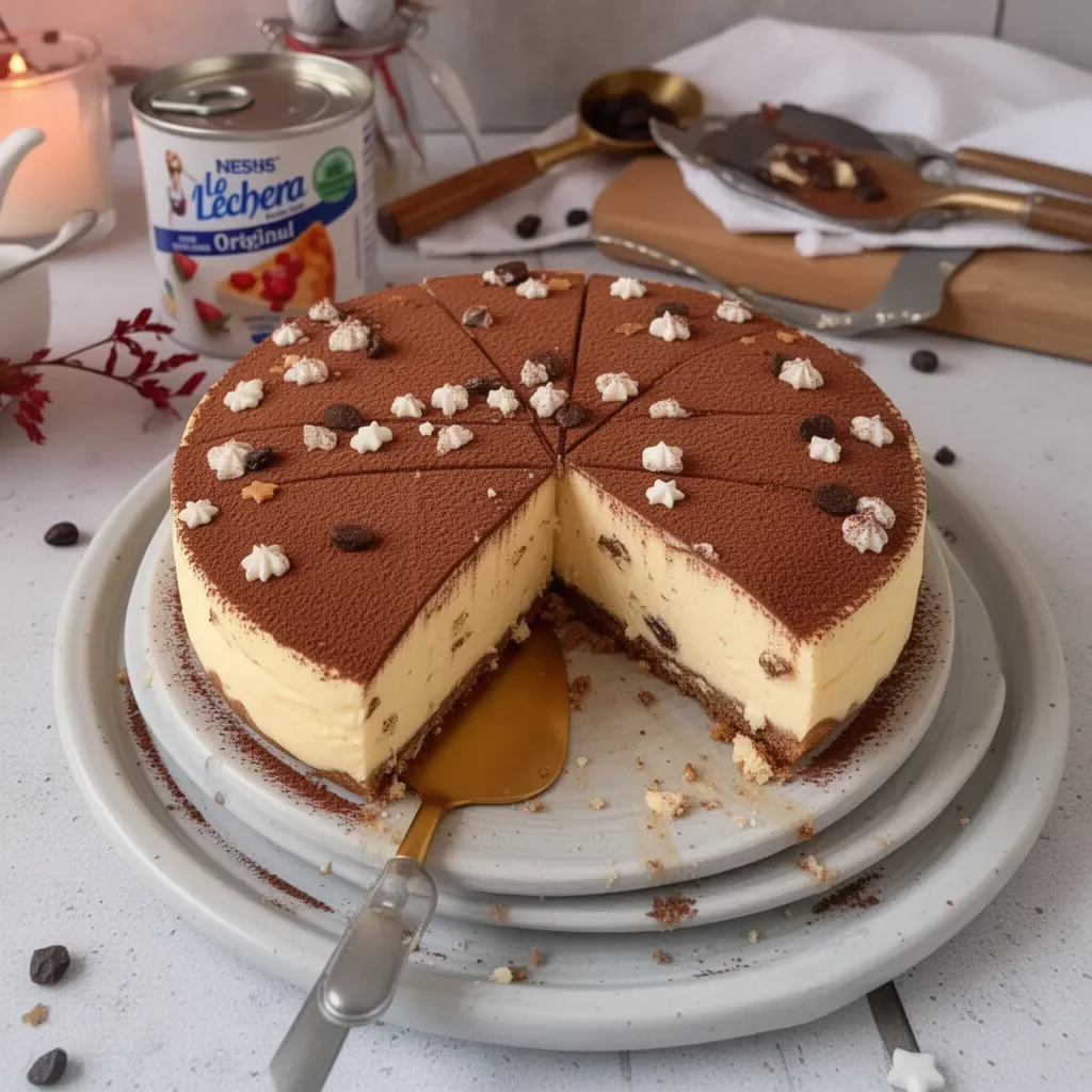 Tarta de queso tiramisú decorada y lista para servir.