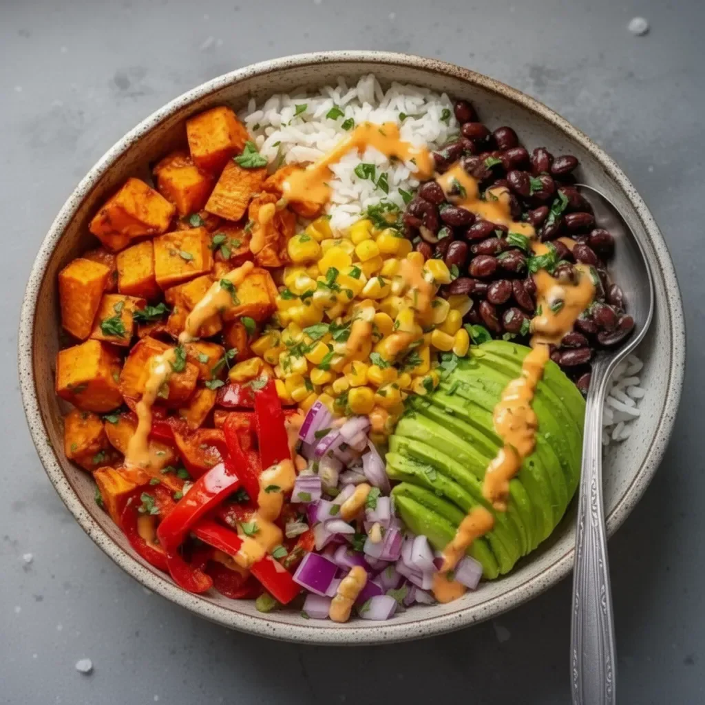 Tazón de Burrito de Batata Vegano lleno de ingredientes frescos y coloridos