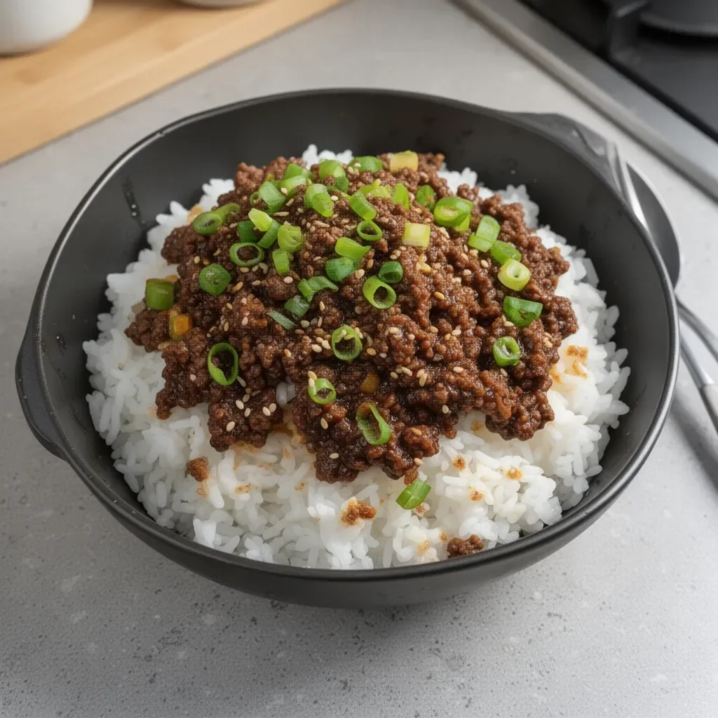 Tazón de carne molida coreana con vegetales frescos y salsa sabrosa