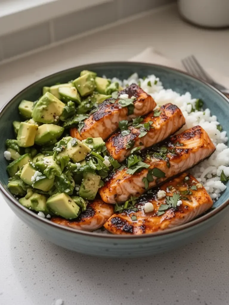 Tazón de Salmón Glaseado con Chipotle y Ensalada de Aguacate y Feta: Tu Solución Saludable y Llenadora de Sabores Definitiva