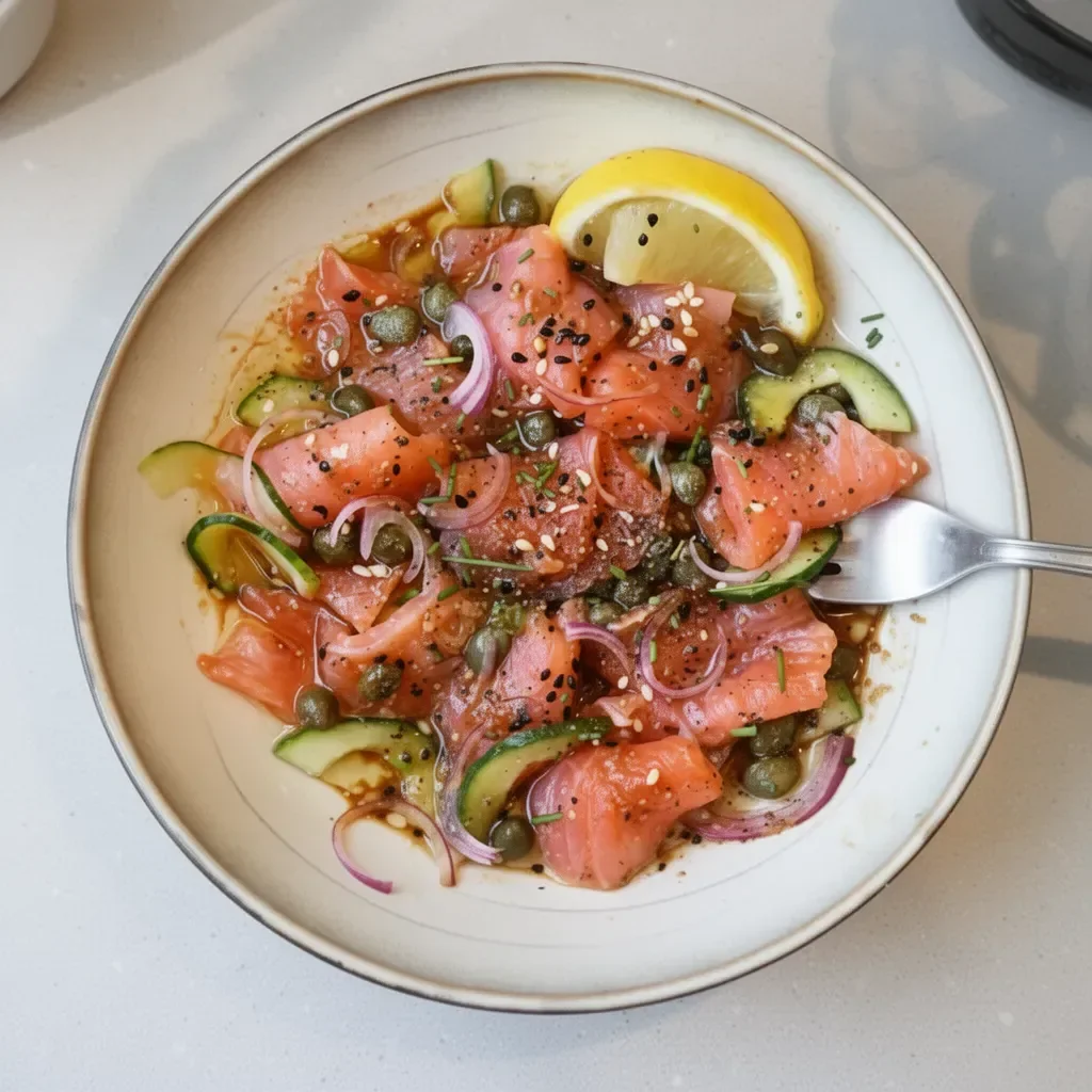 Tazón de sashimi de salmón con salsa de miso y soja, un plato japonés delicioso.