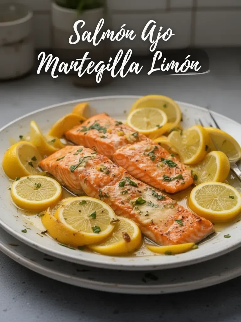 The title "Salmón Ajo Mantequilla Limón" is already in Spanish.