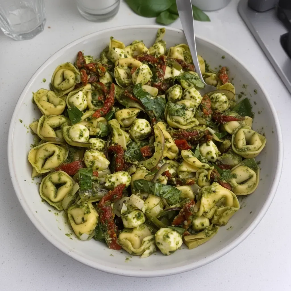 Plato de tortellini con pesto y verduras frescas