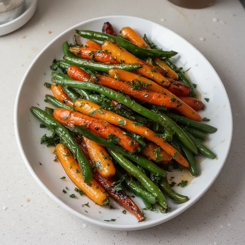 Zanahorias glaseadas con miel y ejotes en un plato colorido