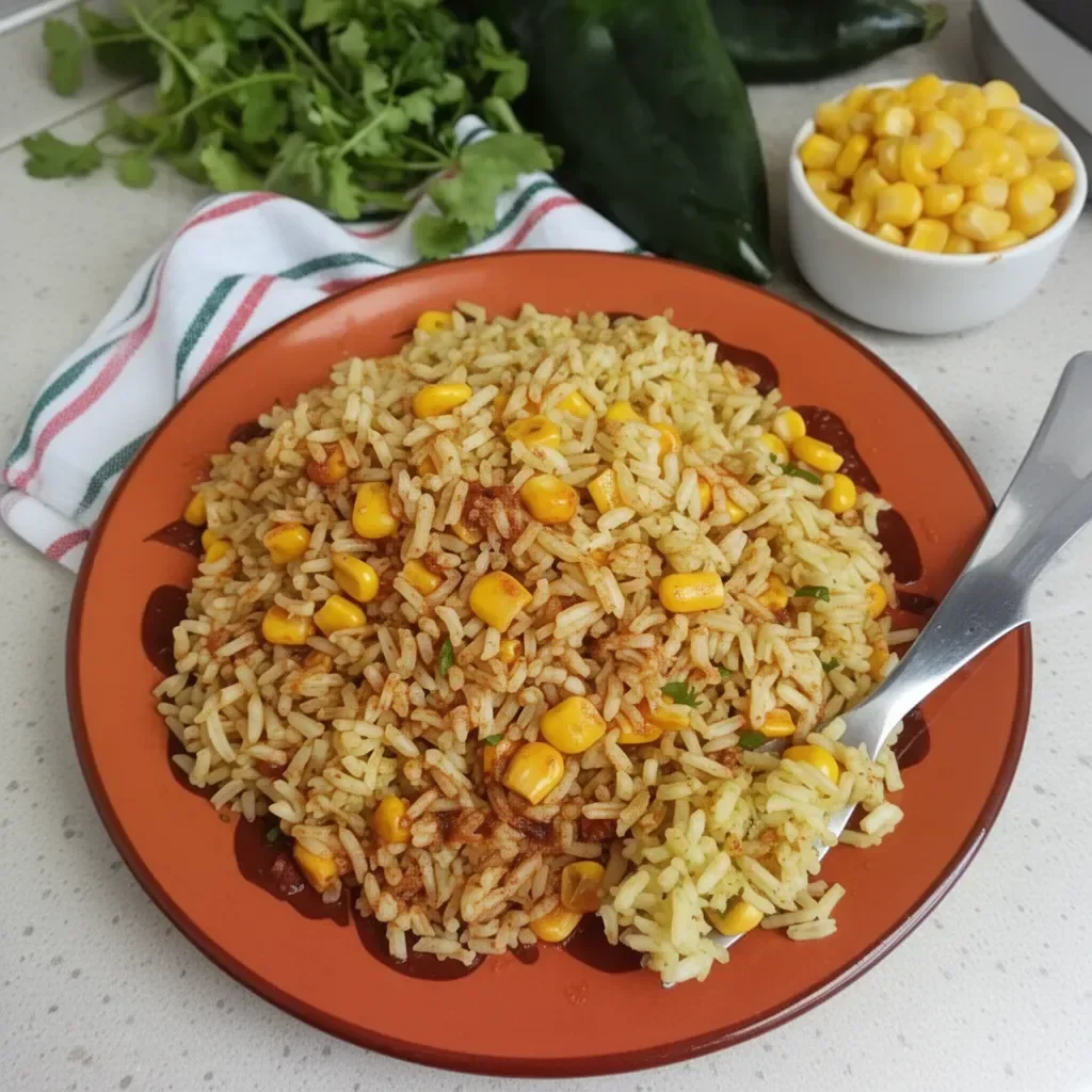 Plato de Arroz Poblano con verduras frescas y especias típicas mexicanas.