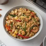 Plato de arroz tailandés con vegetales y especias típicas.