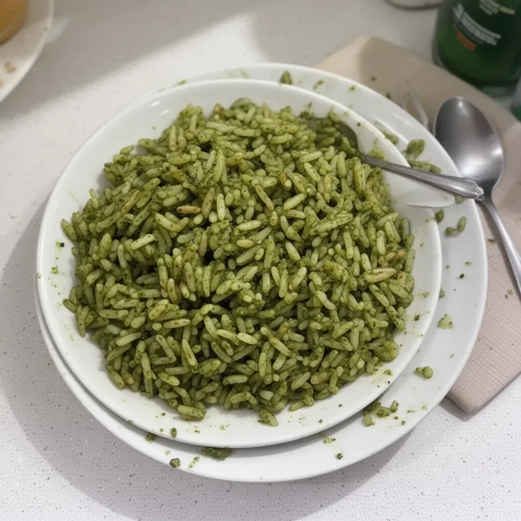 Plato de Arroz Verde Delicioso presentado con perejil y limones frescos.