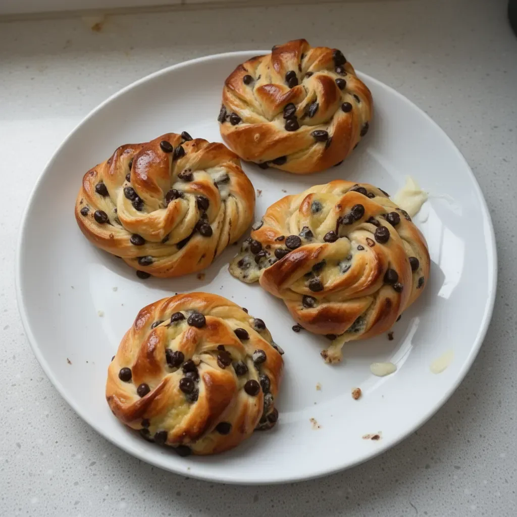 Brioses enrollados con crema de vainilla y chispas de chocolate en plato.