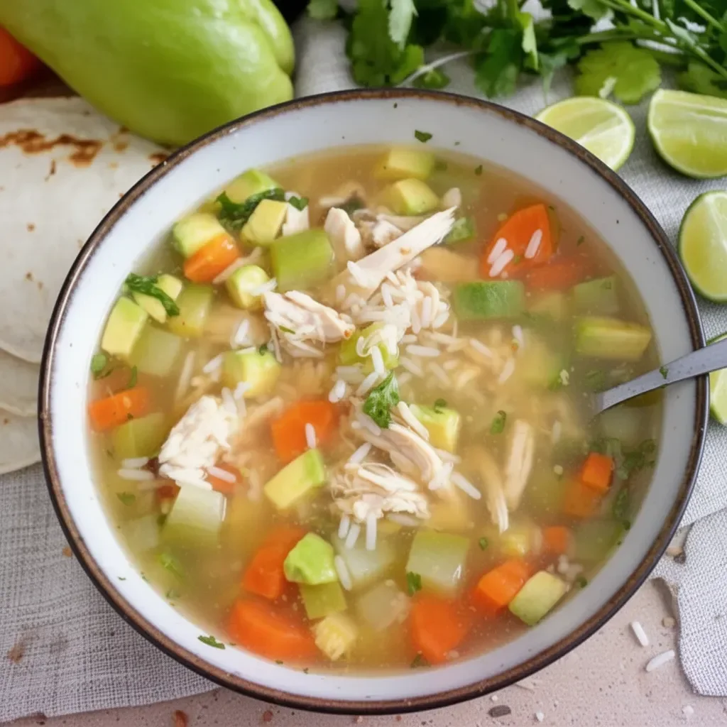 Tazón de caldo de pollo con arroz servido en un plato colorido