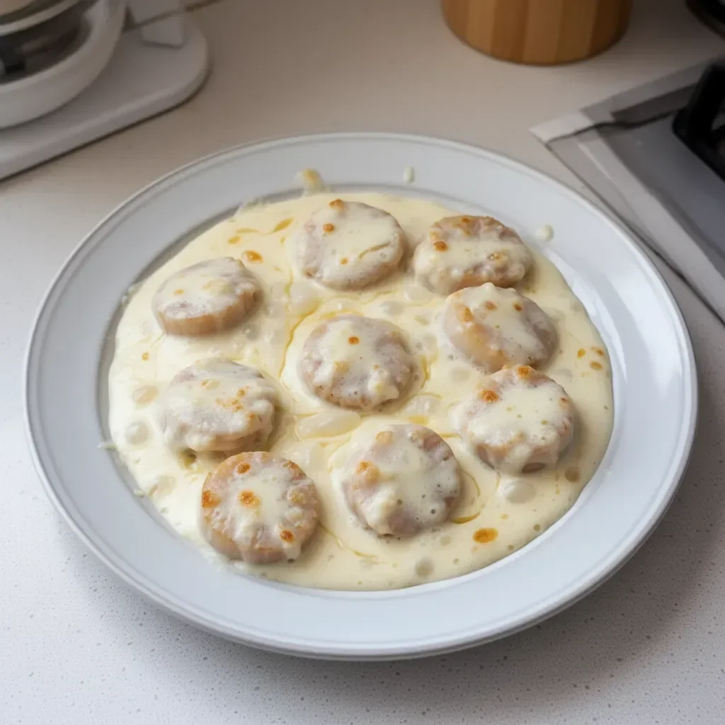 Plato de Delicia Cremosa de Vieiras servido con guarnición.