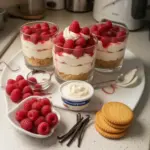 Verrinas de frambuesas y crema de vainilla en un elegante postre