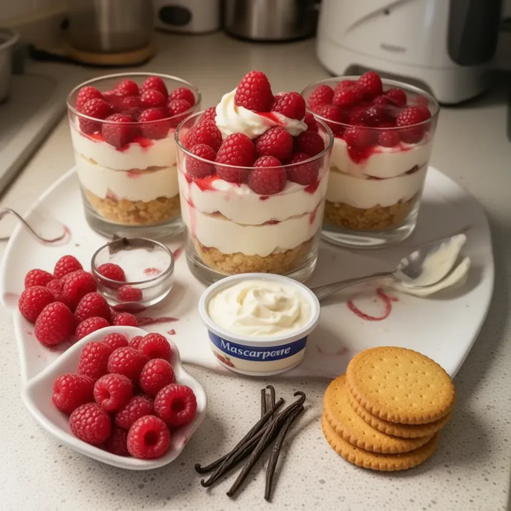 Verrinas de frambuesas y crema de vainilla en un elegante postre