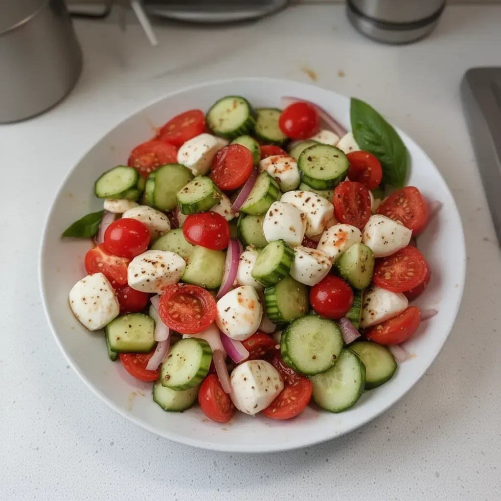 Ensalada Caprese de Pepino con tomates, mozzarella y albahaca