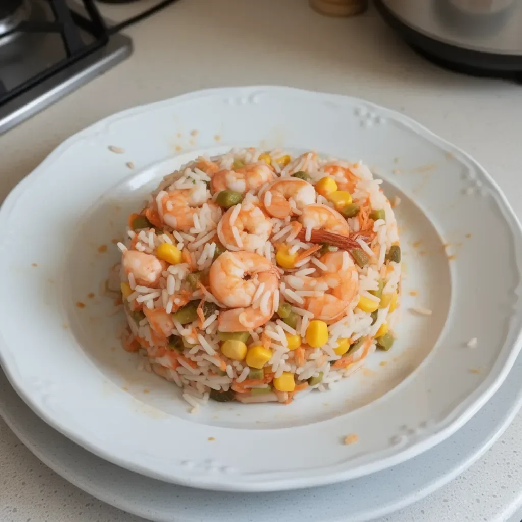 Ensalada de arroz con langostinos fresca y colorida en un tazón