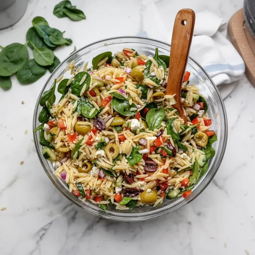 Ensalada de Pasta Orzo Mediterránea con vegetales frescos y aderezo ligero