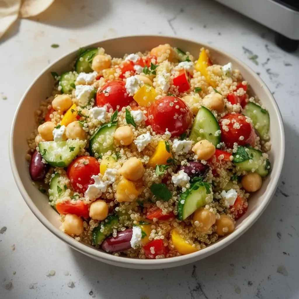 Ensalada de quinoa mediterránea con verduras frescas y aderezo saludable