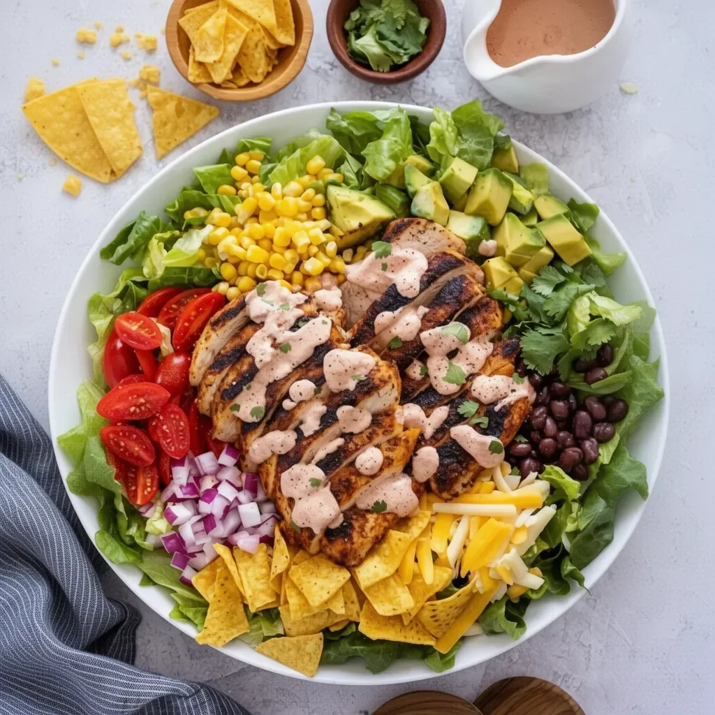 Ensalada de tacos de pollo fresca y colorida en un plato.