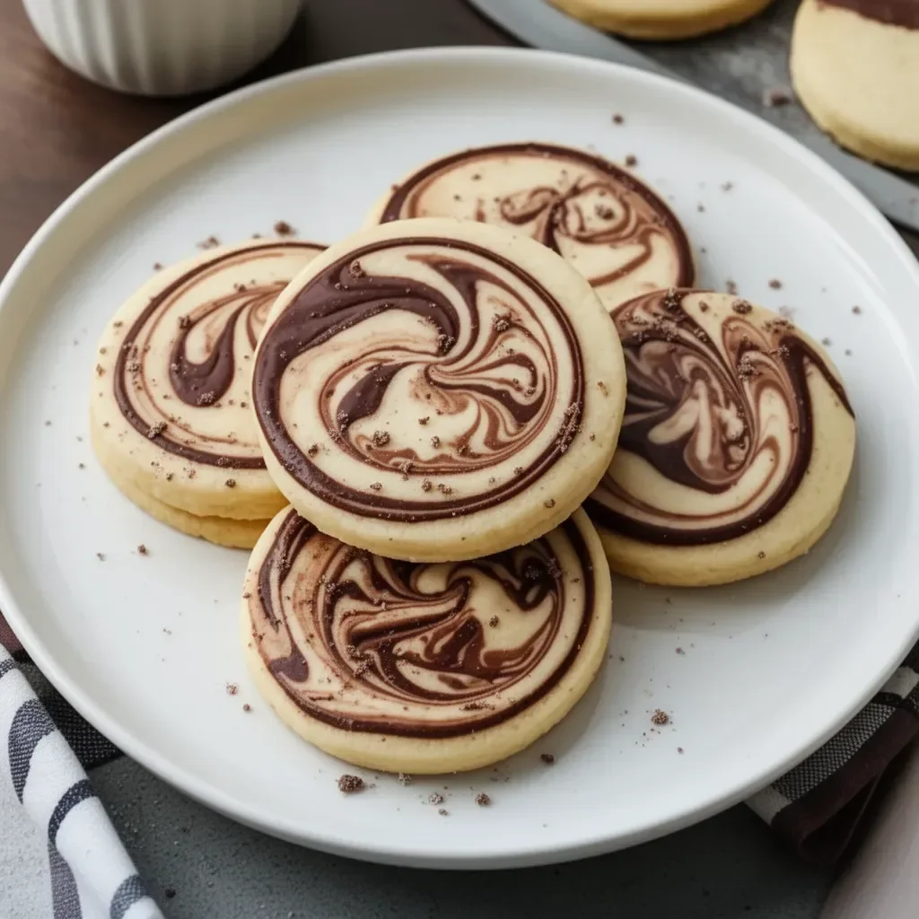 Galletas de azúcar decoradas con remolino de mocha en un plato.