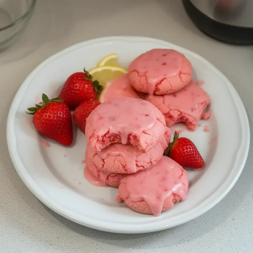 Galletas de mezcla para pastel de fresa con glaseado de limón y fresas.