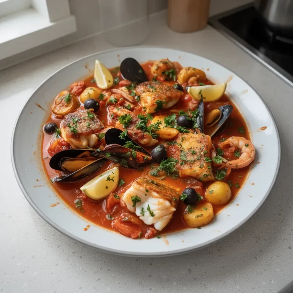 Delicioso guiso de mariscos con ingredientes frescos y sabrosos