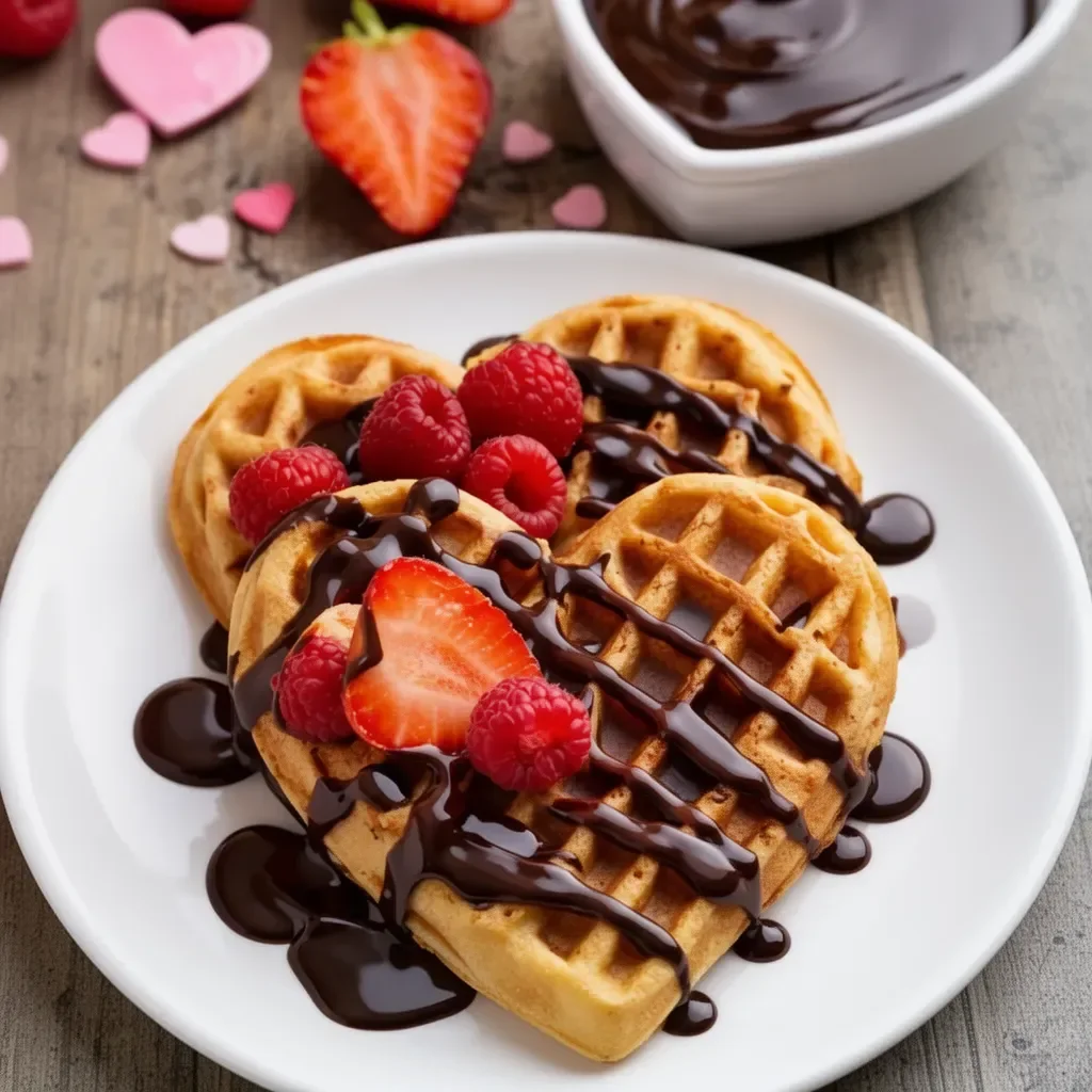 Gofre corazón con salsa de chocolate en un plato elegante