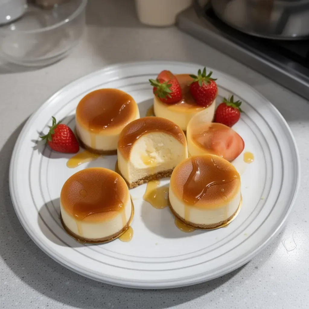 Mini cheesecakes japoneses decorados con frutas y crema en un plato