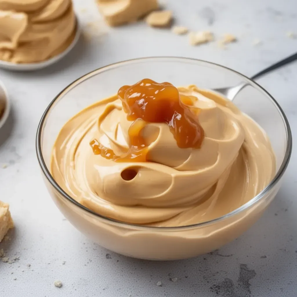 Mousse de dulce de leche en un tazón decorado con chocolate y caramelo