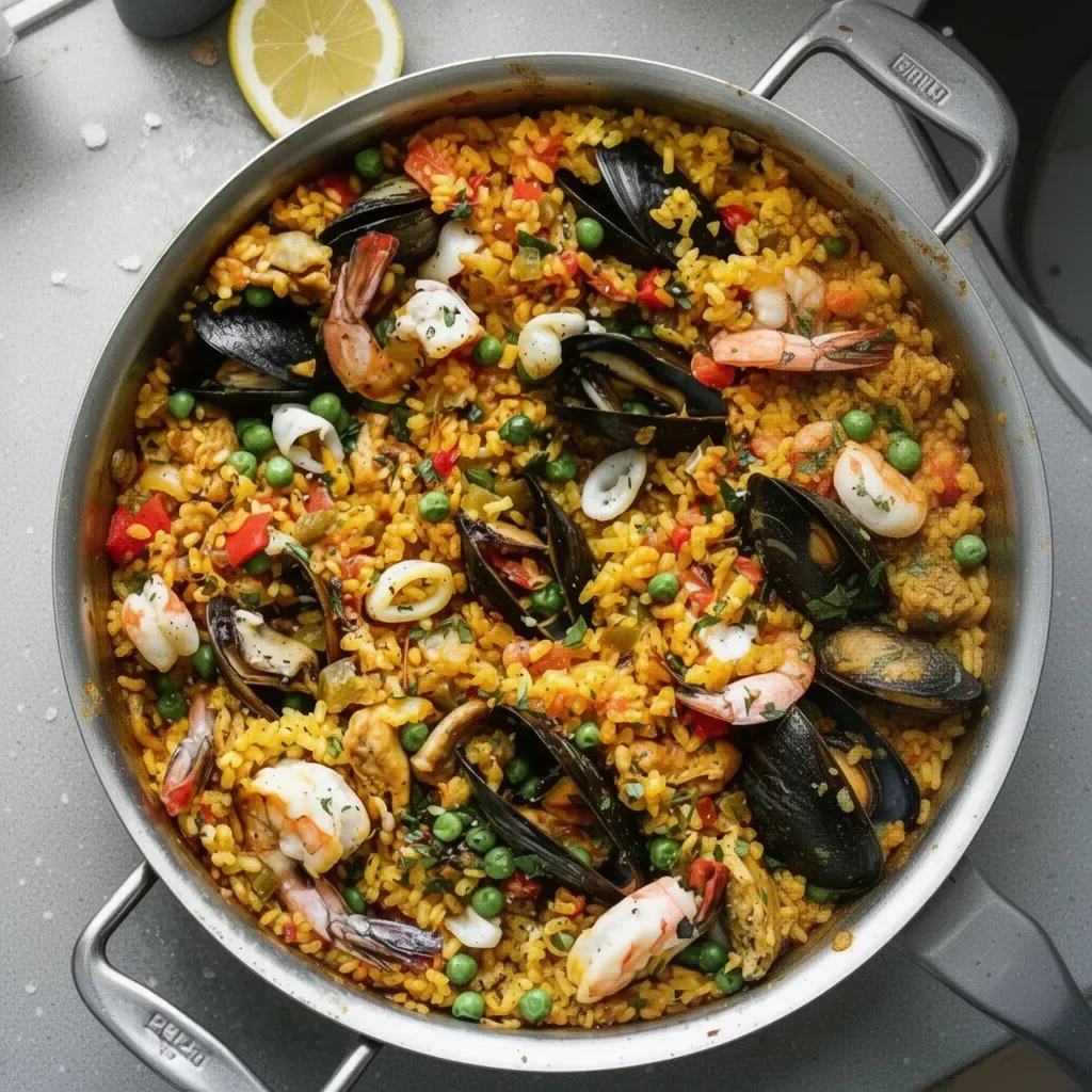 Plato de paella tradicional española con mariscos y verduras coloridas