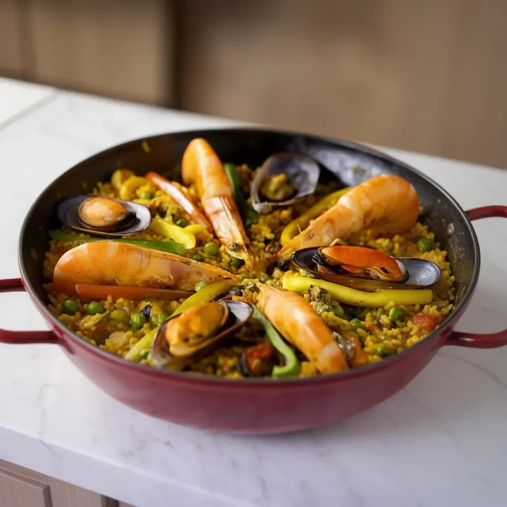Plato de Paella de Mariscos con mariscos frescos y arroz delicioso