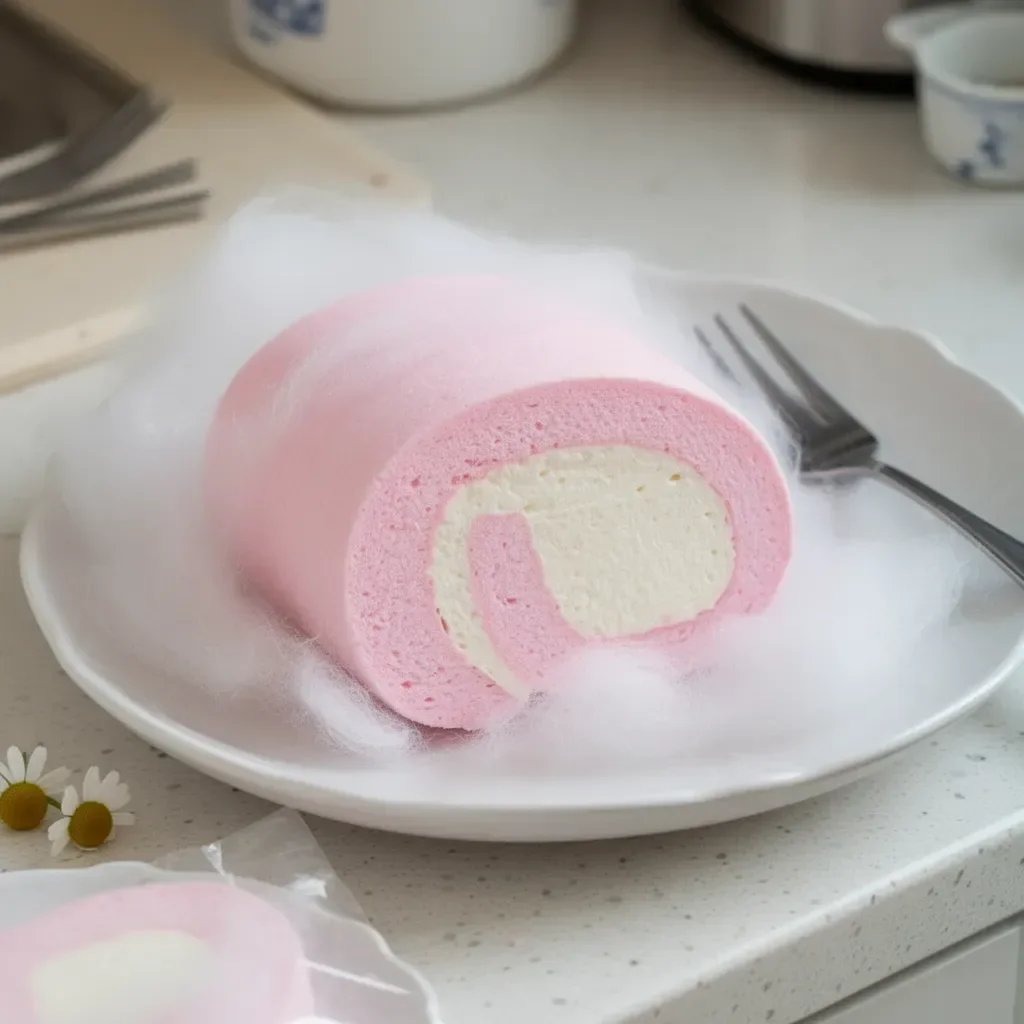 Pastel Suizo de Algodón de Azúcar Japonés decorado y listo para disfrutar.