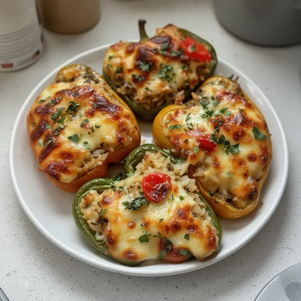 Pimientos rellenos vegetarianos gourmet con ingredientes frescos