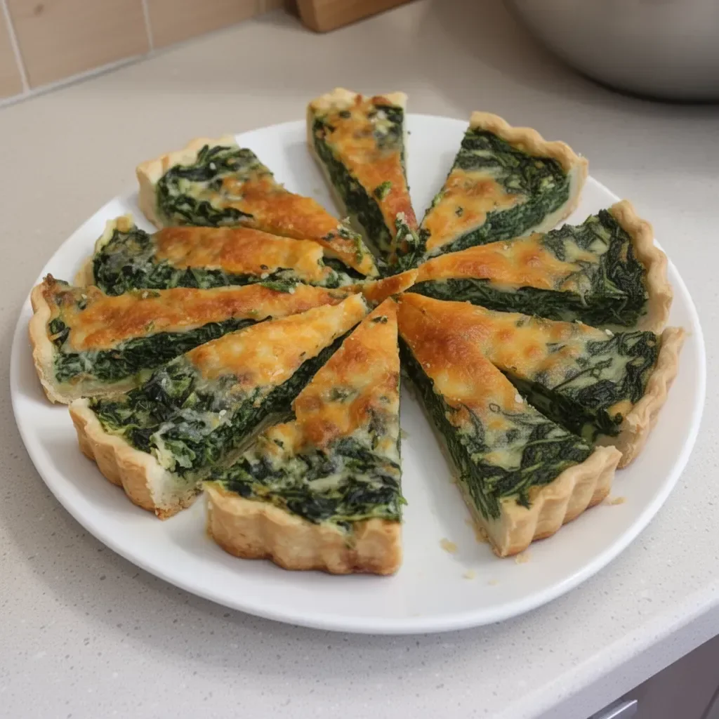 Quiche de espinacas y queso recién horneado en un plato, ideal para almuerzos.