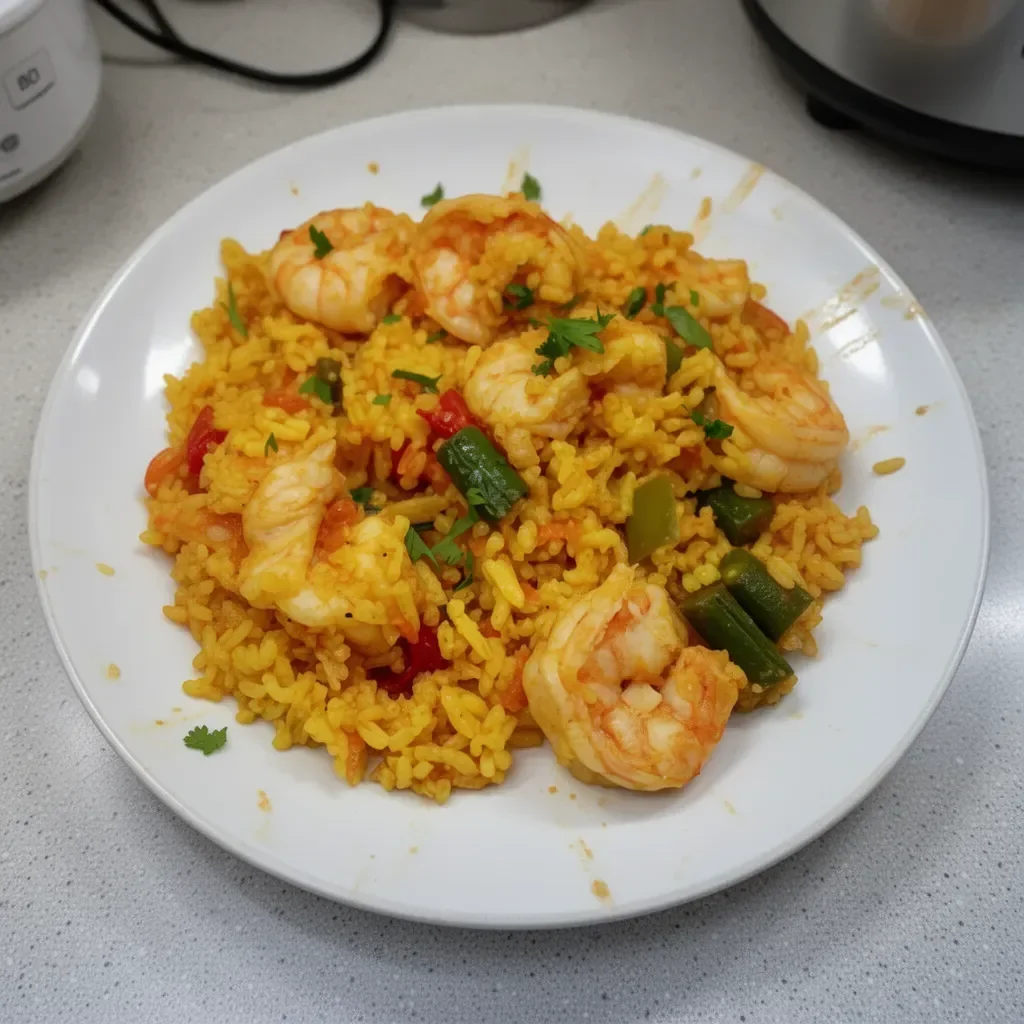 Tazón de arroz con camarones, un plato sabroso y colorido con mariscos y arroz.