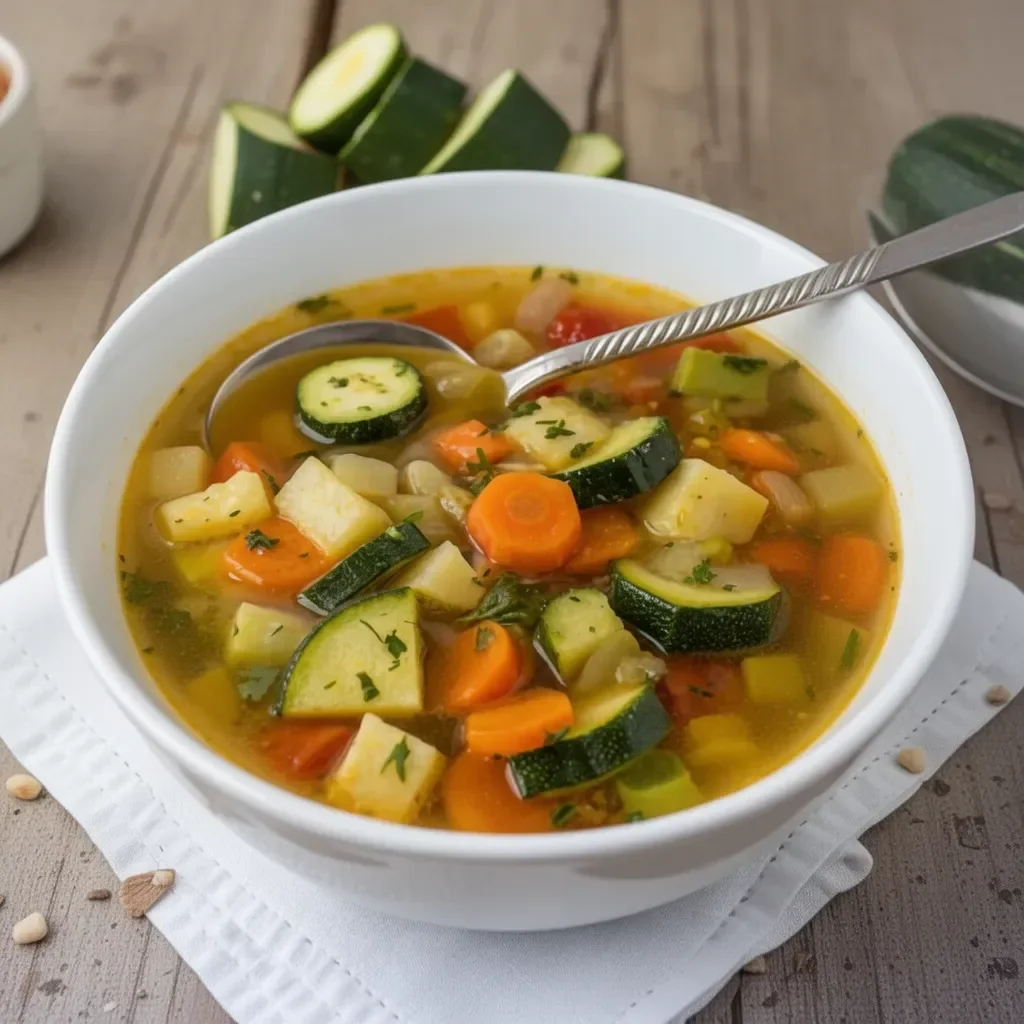 Receta de sopa de verduras con calabacín en un tazón decorativo