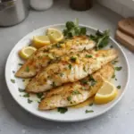 Plato de tilapia al horno con hierbas frescas y limón.