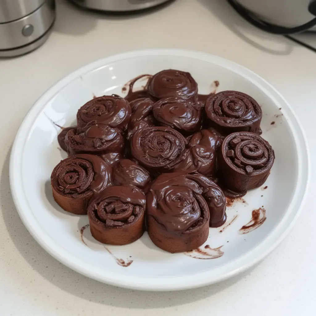Rollos de chocolate fundido en canela recién horneados