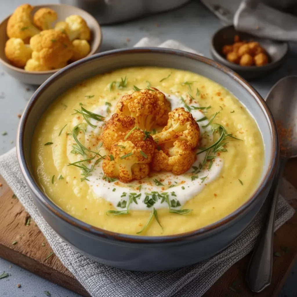 Sopa Cremosa de Coliflor al Curry servida en un tazón
