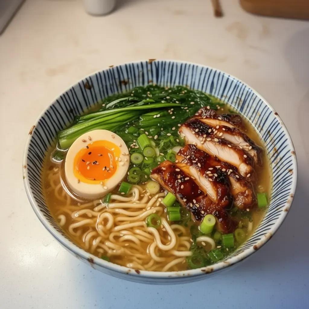 Sopa de fideos ramen de pollo teriyaki en un tazón humeante