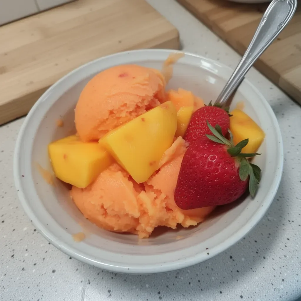 Sorbete de mango y fresa servido en un vaso frío