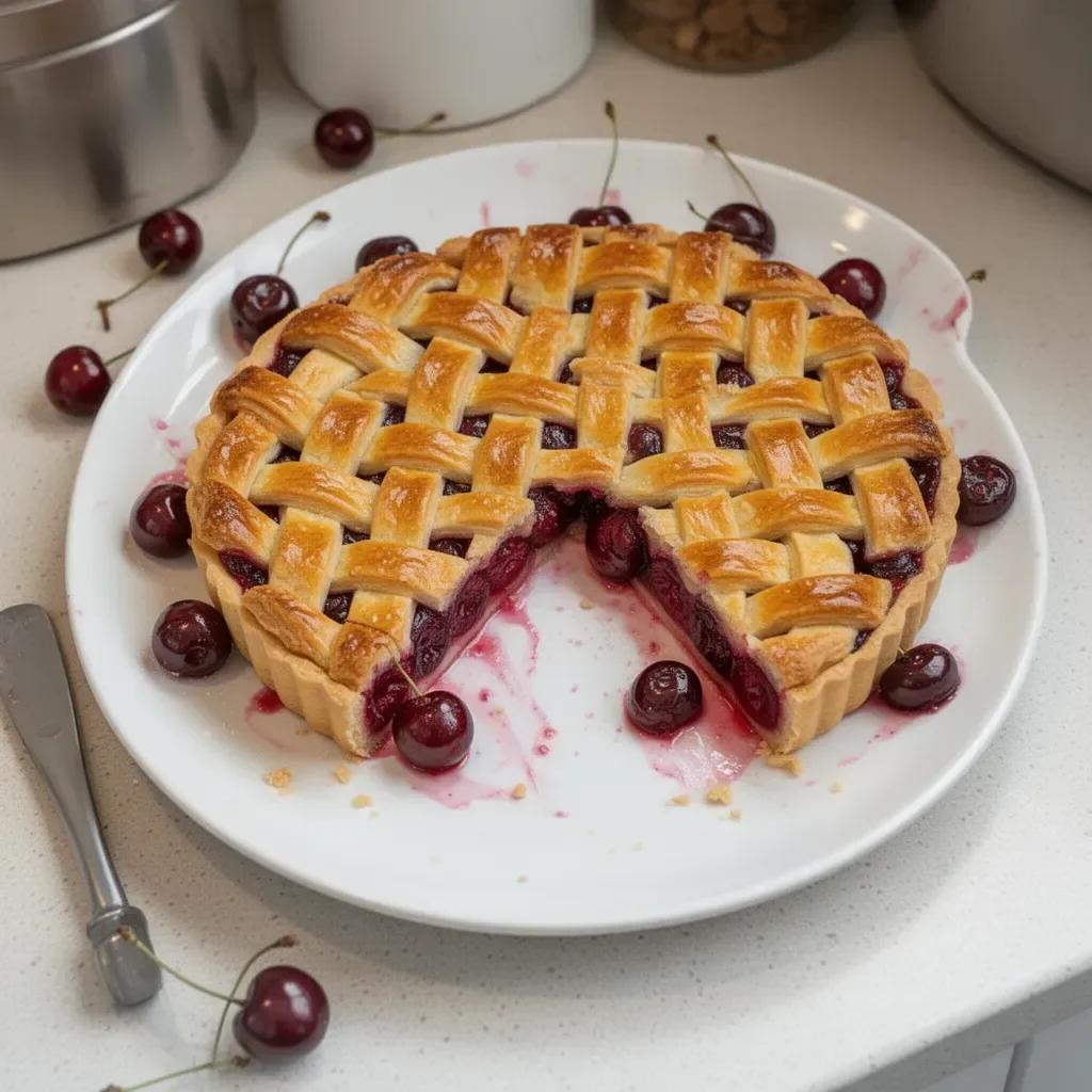 Tarta de cerezas casera con una cubierta dorada y cerezas frescas.