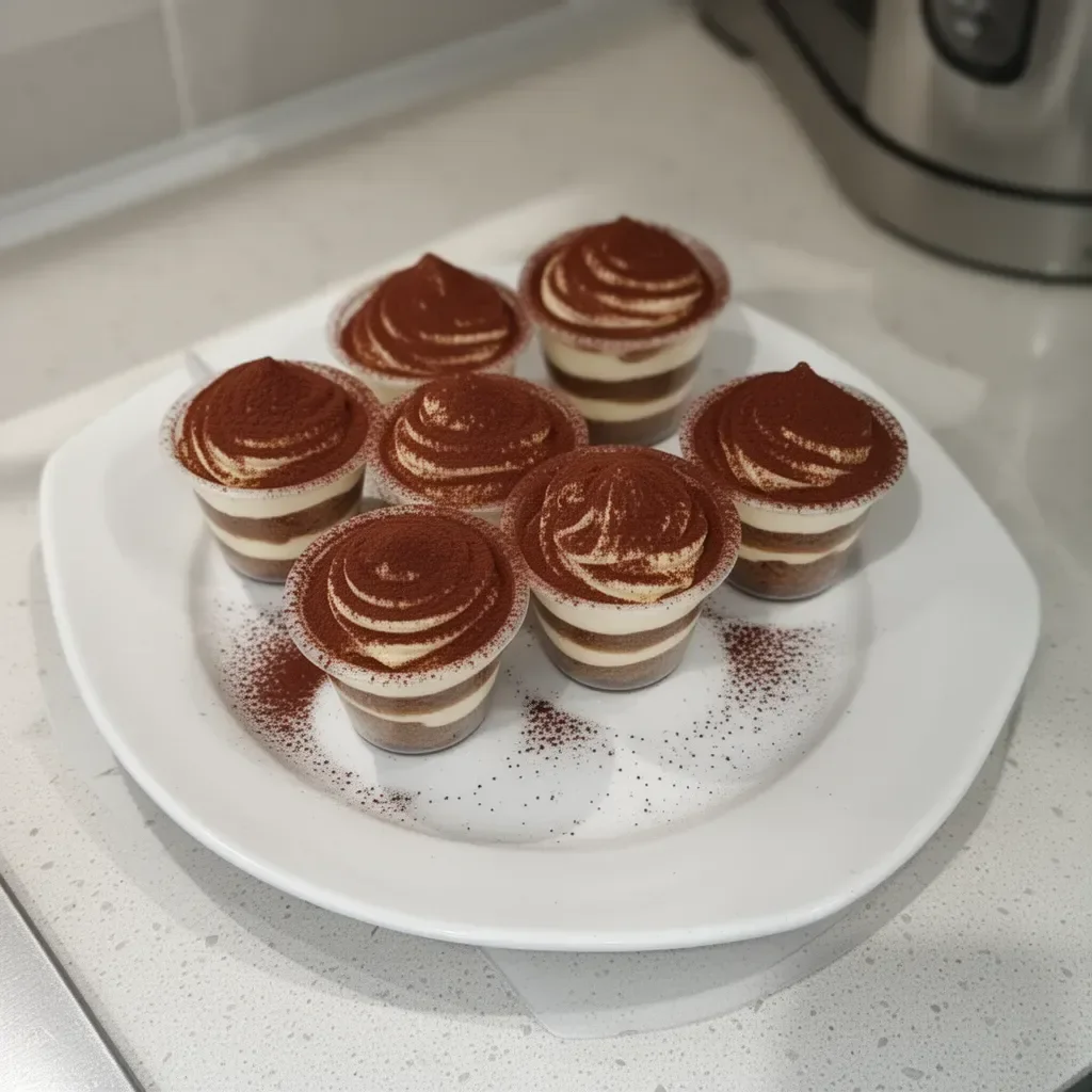 Deliciosas tazas de tiramisú decoradas con cacao y café